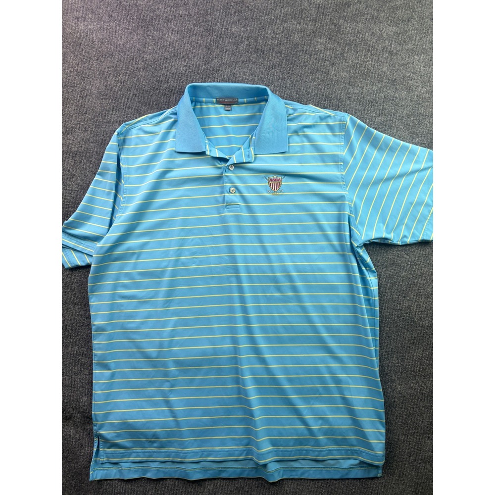 Peter Millar Polo Shirt Mens XXL Blue‎ Yellow Striped ASGA Golf Summer Comfort